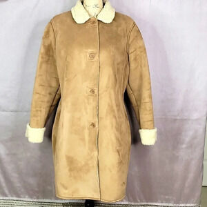 Lands’ End Tan Faux Suede Shearling Coat‎ Women’s Large Petite